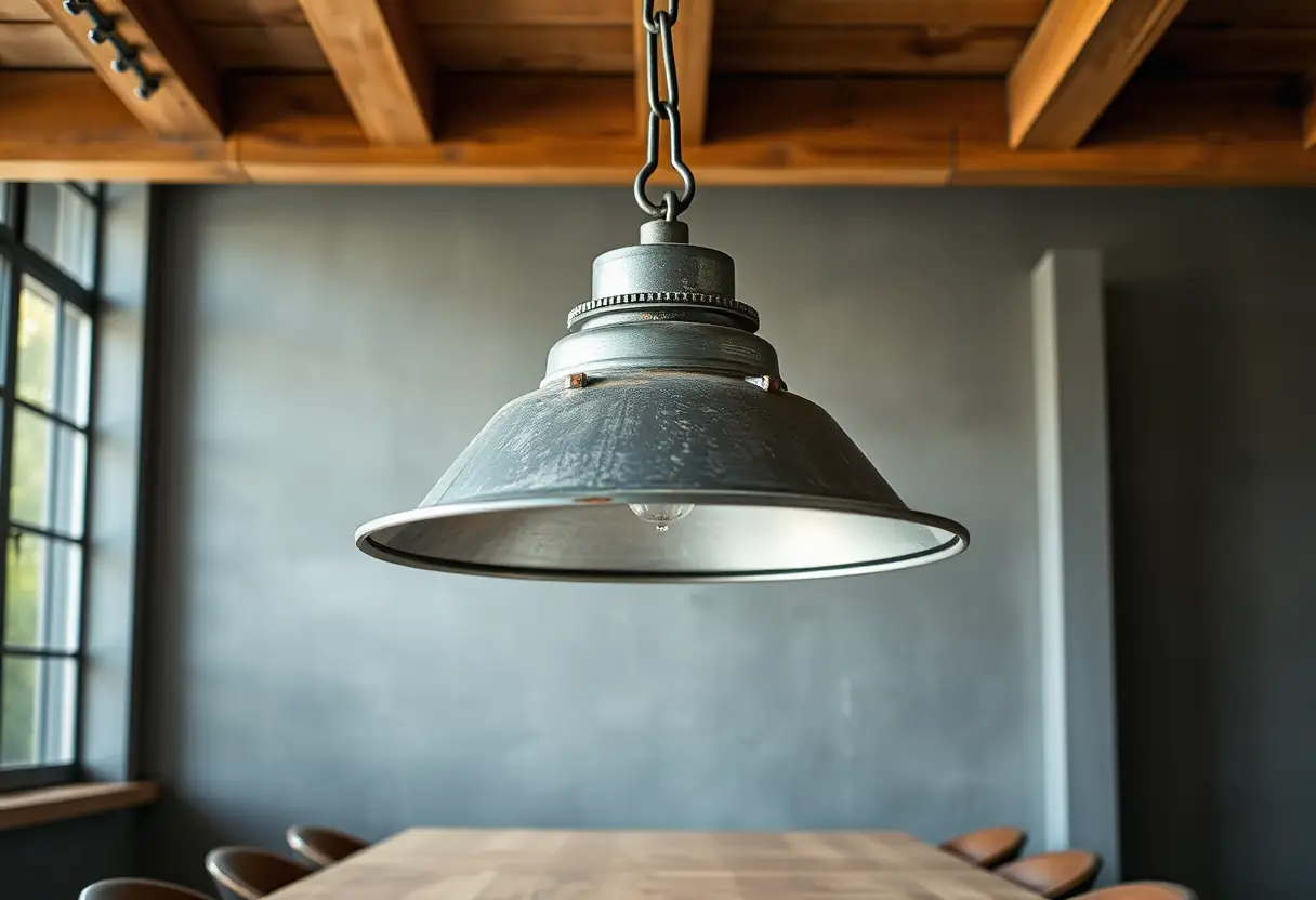 Lampe industrielle au-dessus d'une table à manger