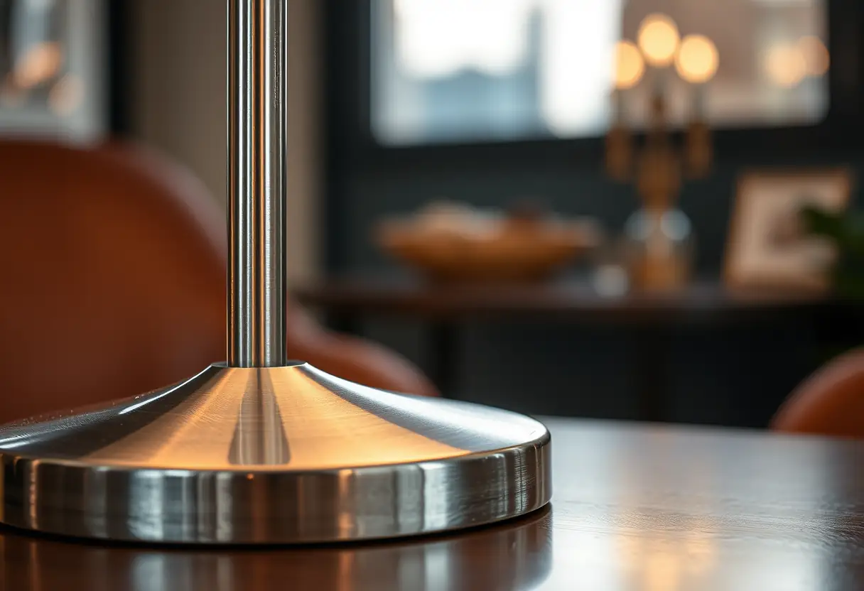 Prise de vue rapprochée d'une base de lampe en acier brossé dans un intérieur soigné