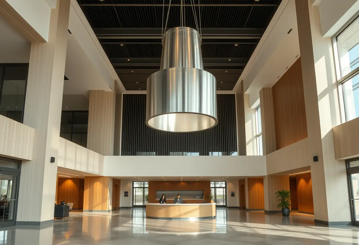 Lampe en métal suspendue au-dessus d'une grande salle de réception