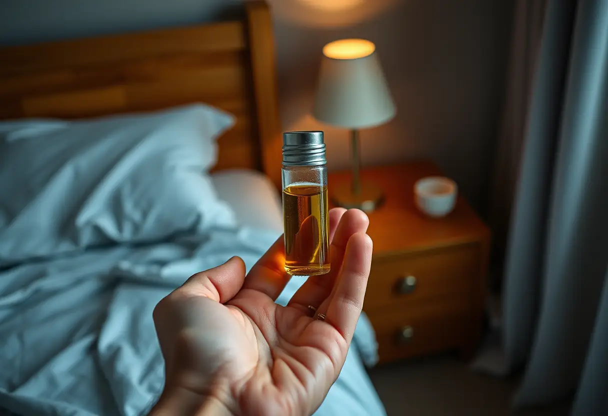 Main tenant un petit récipient métallique contenant un liquide jaune doré, près d'une lampe allumée dans une chambre