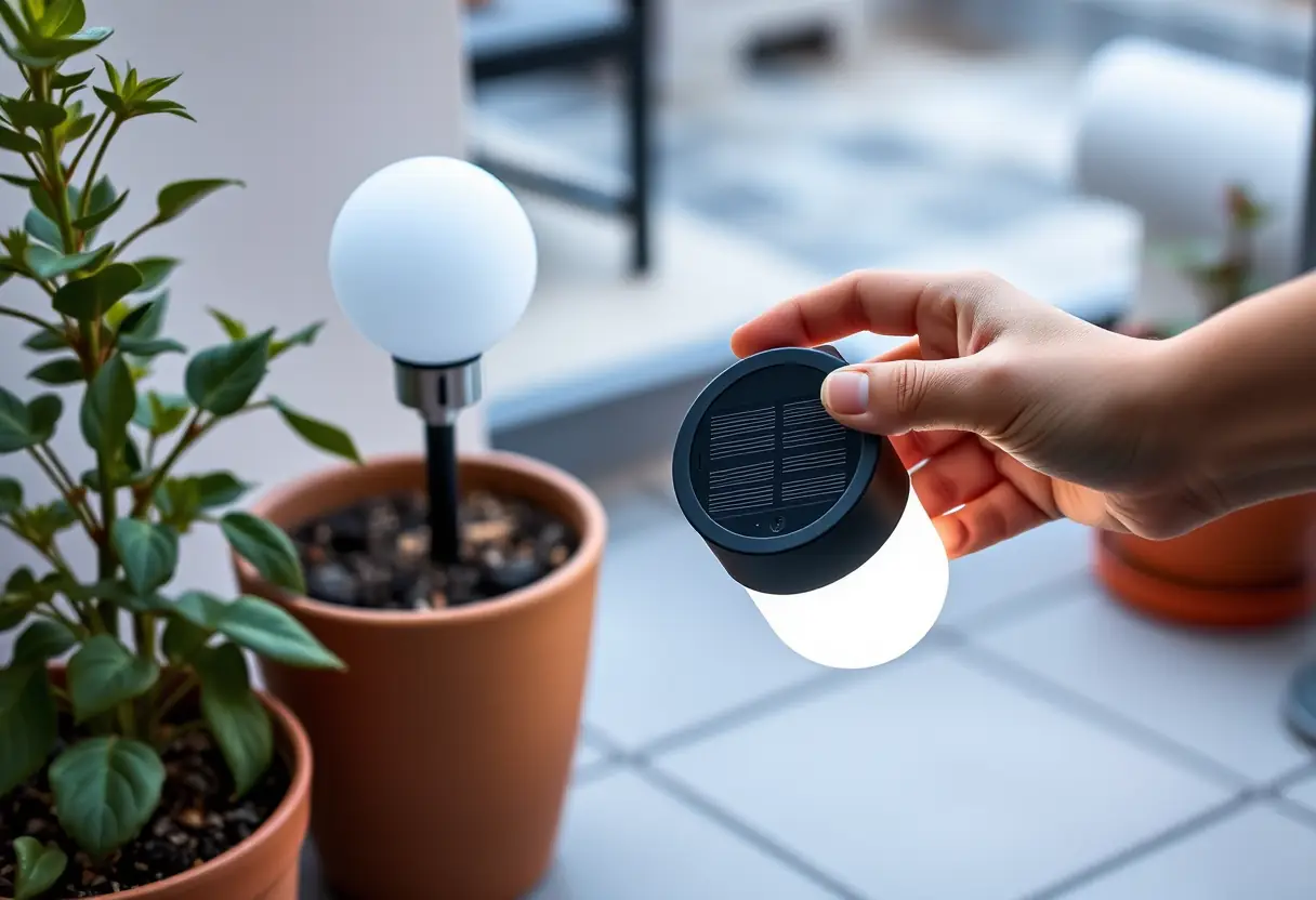 Main tenant une lampe solaire près d'un pot de fleur sur une terrasse